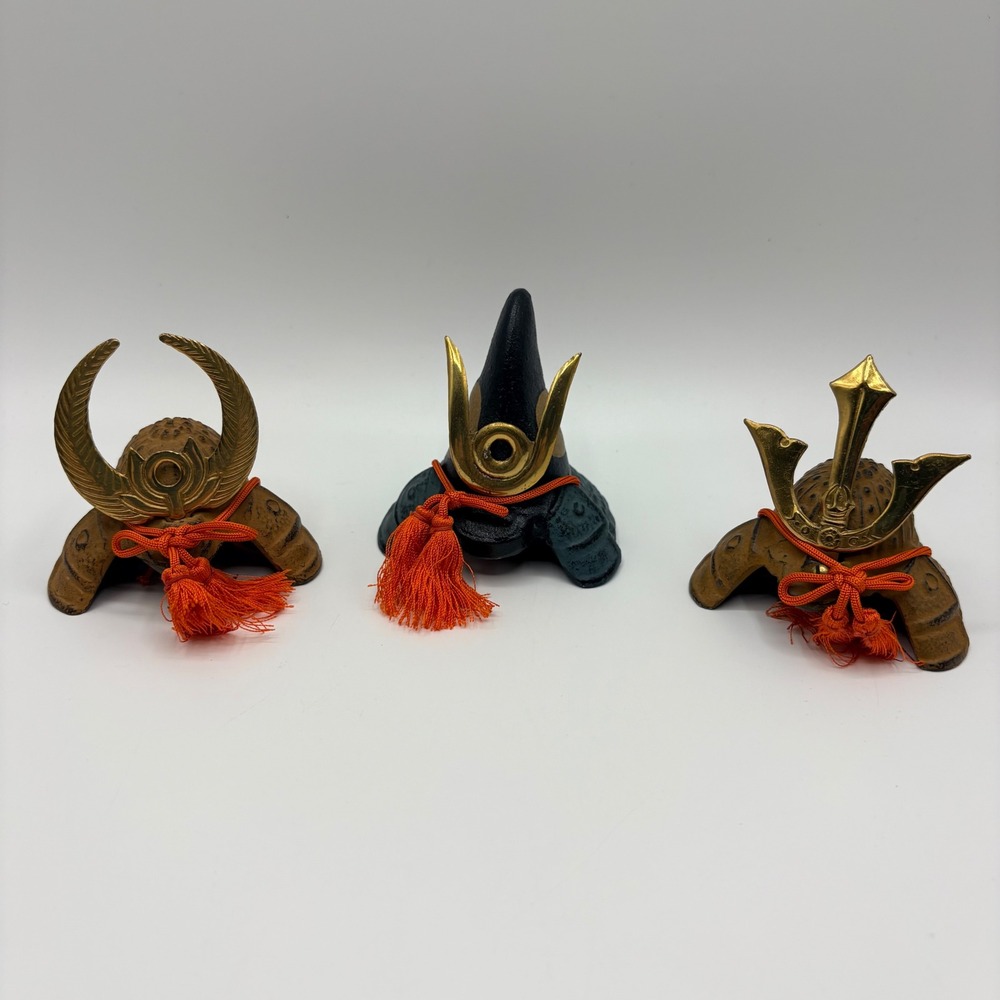 Japanese Samurai Kabuto Helmet Set Cast Iron Miniature Decor Brown Black OS